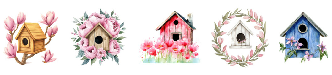 Birdhouses with flowers on transparent background
