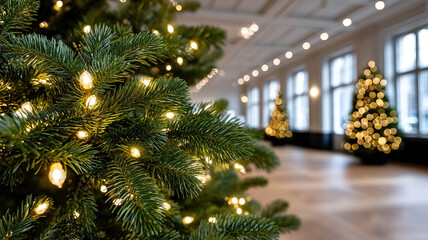 Lush pine branch with warm string lights in elegant indoor hall, blurred decorated Christmas trees and bokeh lights creating cozy festive atmosphere