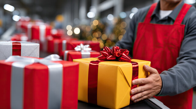 Worker in red apron holding wrapped gift box with ribbon and bow in festive warehouse setting, holiday gift packaging scene with conveyor of presents and warm bokeh lights