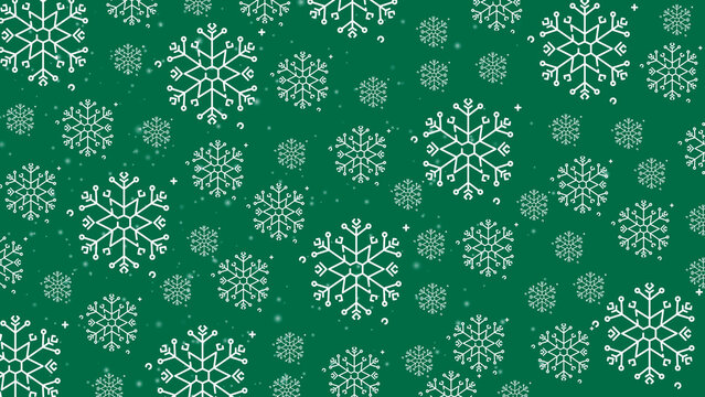 Doodle christmas snow outline seamless pattern with particles adorning a bright green repeating background.