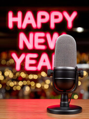 Happy New Year neon sign and studio microphone on wooden table with bokeh lights creating festive broadcasting atmosphere