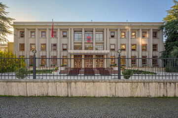 Tirana, Albania - November 12, 2025: Presidential Office Building in Tirana illuminated by warm sunset light