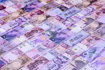 Money background, currency exchange, paper banknotes from different countries. Money cash currency