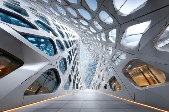 Futuristic White Building Interior with Honeycomb Design