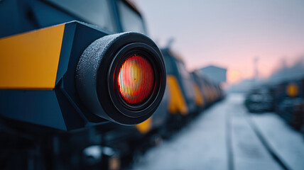 Frosted train tail light glowing red on cold platform at sunrise with snowcovered tracks and blurred carriages creating moody industrial atmosphere