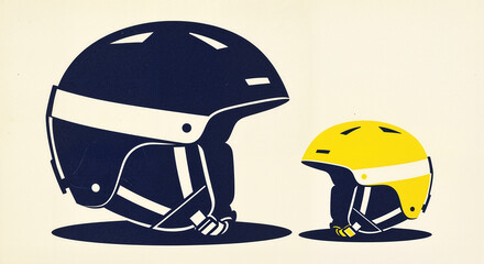 An adult and child Ski helmet on table illustration, a perfect graphic for promoting family ski trips and safety for all ages.