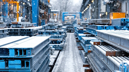 Snow falling over outdoor construction yard with stacked concrete formwork panels and metal shelving, cold industrial scene with blue equipment and wet pathway showing winter work environment
