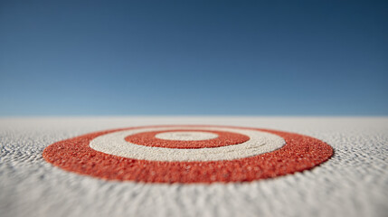 Red and white target circle on textured ground under clear blue sky, shallow depth of field, low angle perspective, minimal composition, soft bokeh