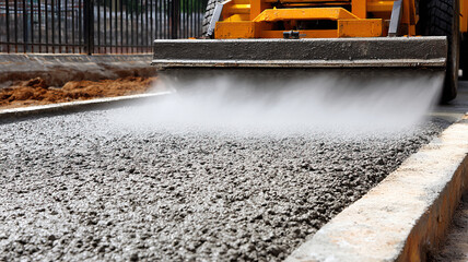Fresh concrete being smoothed by large trowel machine on sidewalk construction site with visible curb and fence, cold mist and textured surface creating industrial mood