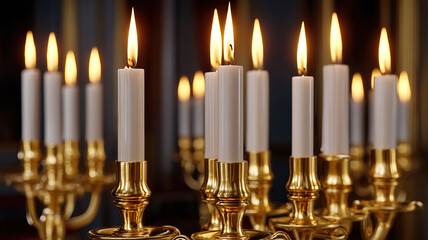 Elegant candleholder with wax drips gentle light blur in back chaos, warm glow reflecting on polished brass surface creating serene intimate atmosphere