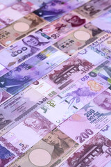 Money background, currency exchange, paper banknotes from different countries. Money cash currency