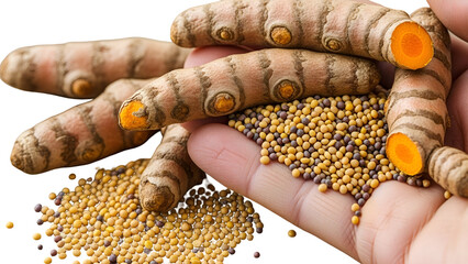 Turmeric Rhizomes and Mustard Seeds in Hand on Transparent Background