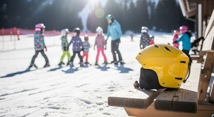 A yellow Ski helmet on table at a children's ski school, a perfect photo for promoting family ski vacations and youth lessons.
