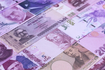 Money background, currency exchange, paper banknotes from different countries. Money cash currency