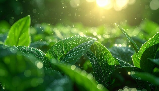 Fresh green leaves covered in morning dew, illuminated by golden sunlight, symbolize freshness, life, and the thriving nature of nature. Ideal for sustainability-focused marketingmorning dew on a leaf
