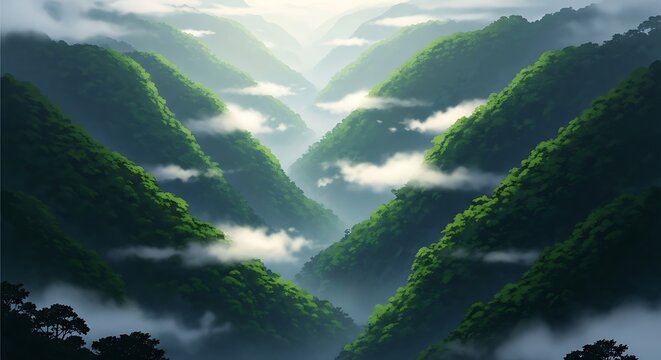Misty mountain valley with lush green forests
