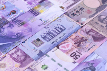 Money background, currency exchange, paper banknotes from different countries. Money cash currency