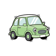 Isolated cute and cheerful light green compact car illustration in a flat line style, depicting small vehicle travel, urban driving, and personal transportation