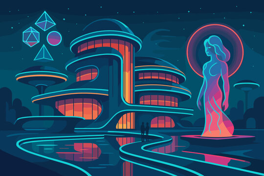 No futuristic neon vector numbers characters shapes oasis style icon typography floating