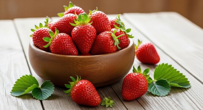 Fresh Strawberries in Wooden Bowl on Table 