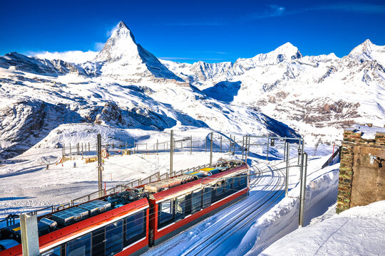 Gorngerat cogwheel railway station and Matterhorn peak in Zermatt ski area view