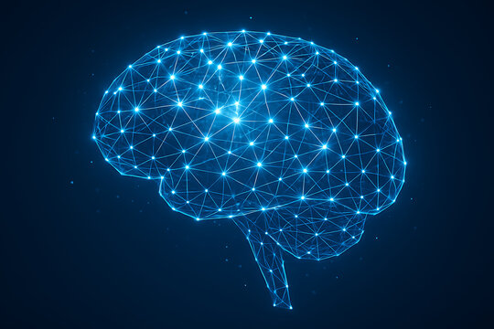 Digital brain artificial intelligence mesh made of glowing connected network nodes