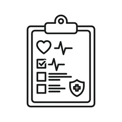 Medical clipboard with heart rate, checklist, and shield icon
