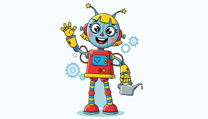Naklejka premium Cute Female Robot with Blonde Hair and Heart Design: Engaging Vector Graphic Representing Robotics, Maintenance, and Artificial Intelligence 