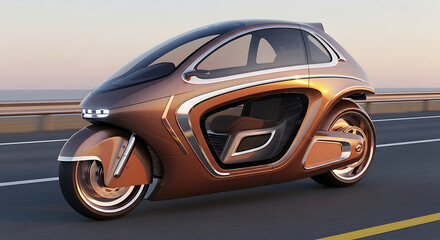 Naklejka premium Sleek futuristic autonomous vehicle glides effortlessly on a highway, showcasing modern design and advanced transportation technology for future mobility concepts.