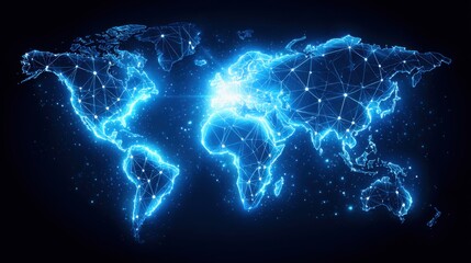 Obraz premium Water scarcity management technology concept. A glowing, digital world map made of interconnected lines and nodes, representing global connectivity and technology.