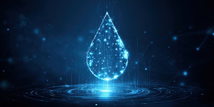 Water scarcity management technology concept. A luminous digital water droplet surrounded by blue light, symbolizing technology and innovation in a dark, abstract background.
