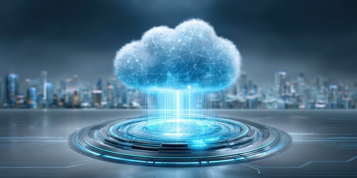 Water scarcity management technology concept. A futuristic depiction of a digital cloud hovering above a city skyline, with glowing lines and patterns, symbolizing technology and connectivity.