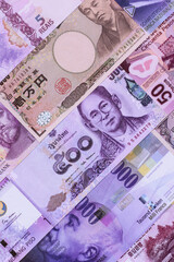 Money background, currency exchange, paper banknotes from different countries. Money cash currency