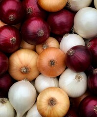 Background with different types of onions - white, red, yellow omions close-up view. Natural vegetable texture.