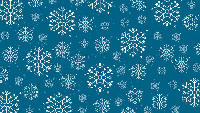 Doodle christmas snow outline seamless pattern with particles adorning a bright teal repeating background.