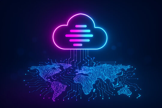 Glowing neon cloud icon uploading holographic glowing data into futuristic illuminated digital world map network
