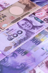 Money background, currency exchange, paper banknotes from different countries. Money cash currency