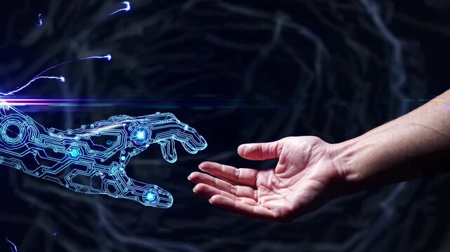 A digital hand reaching for a human hand in a dark, swirling vortex. The video uses a side angle, emphasizing the connection between technology and humanity.