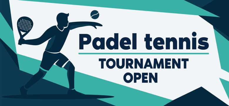 A vibrant vector banner for the Open Padel Tennis Tournament. A player's silhouette in blue, white, and mint colors with geometric accents. Suitable for advertising, padel clubs, posters, competition