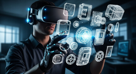 Engineer Interacting with Holographic 3D Industrial Design in Virtual Reality
A male engineer or designer is deeply immersed in an advanced virtual reality (VR) or augmented reality (AR) environment