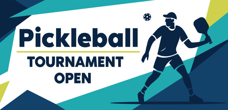 A vibrant vector banner for the Open Pickleball Tournament. A male player silhouette in green, blue, with geometric accents. Suitable for advertising, pickleball clubs, posters, and competitions