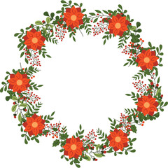 Circular Floral Wreath Arrangement With Red Poinsettia Flowers And Green Leaves Isolated On White Background