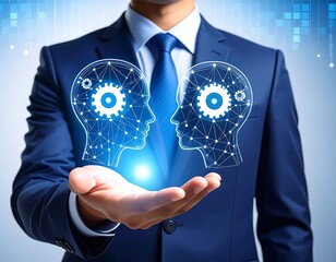 Illustration of two AI heads with gears, symbolizing connection and artificial intelligence in business