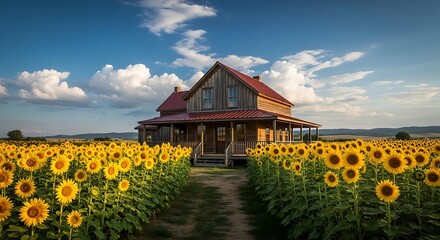Rustic farmhouse stands amidst a vast field of vibrant sunflowers under a dramatic blue sky