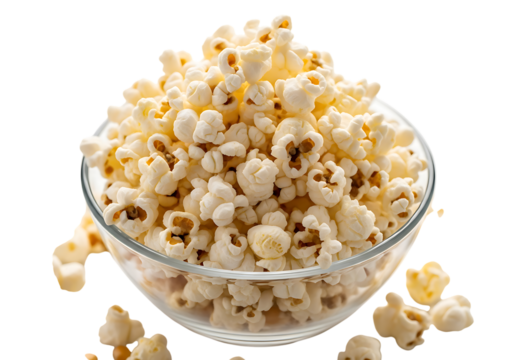 A large bowl overflowing with freshly popped popcorn isolated on transparent background
