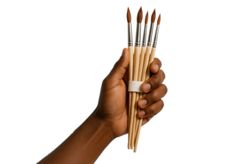 Dark-skin tone hand holding set of paint brushes — PNG transparent
