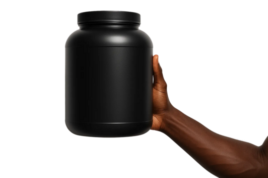 Dark-skin tone hand holding large black supplement jar — PNG transparent