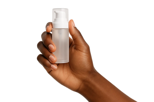 Dark-skin tone hand holding frosted pump bottle — PNG transparent