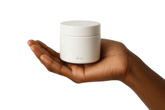 Dark-skin tone hand holding white cosmetic jar — PNG transparent - Powered by Adobe