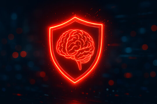 Neon glowing red shield with human brain symbol representing artificial intelligence protection and cybersecurity concept - Powered by Adobe